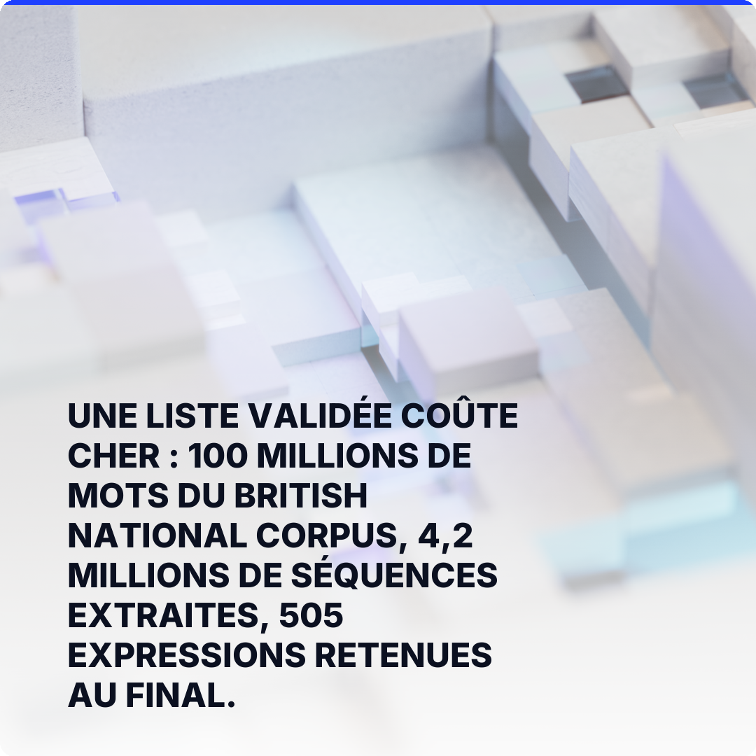 Une liste validée coûte cher : 100 millions de mots du British National Corpus, 4,2 millions de séquences extraites, 505 expressions retenues au final.