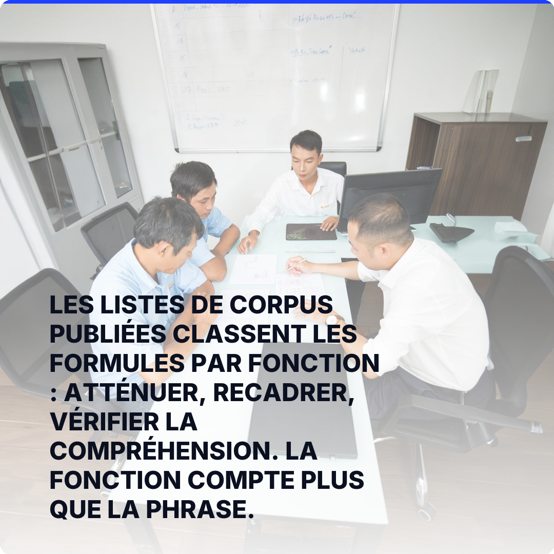 Les listes de corpus publiées classent les formules par fonction : atténuer, recadrer, vérifier la compréhension. La fonction compte plus que la phrase.