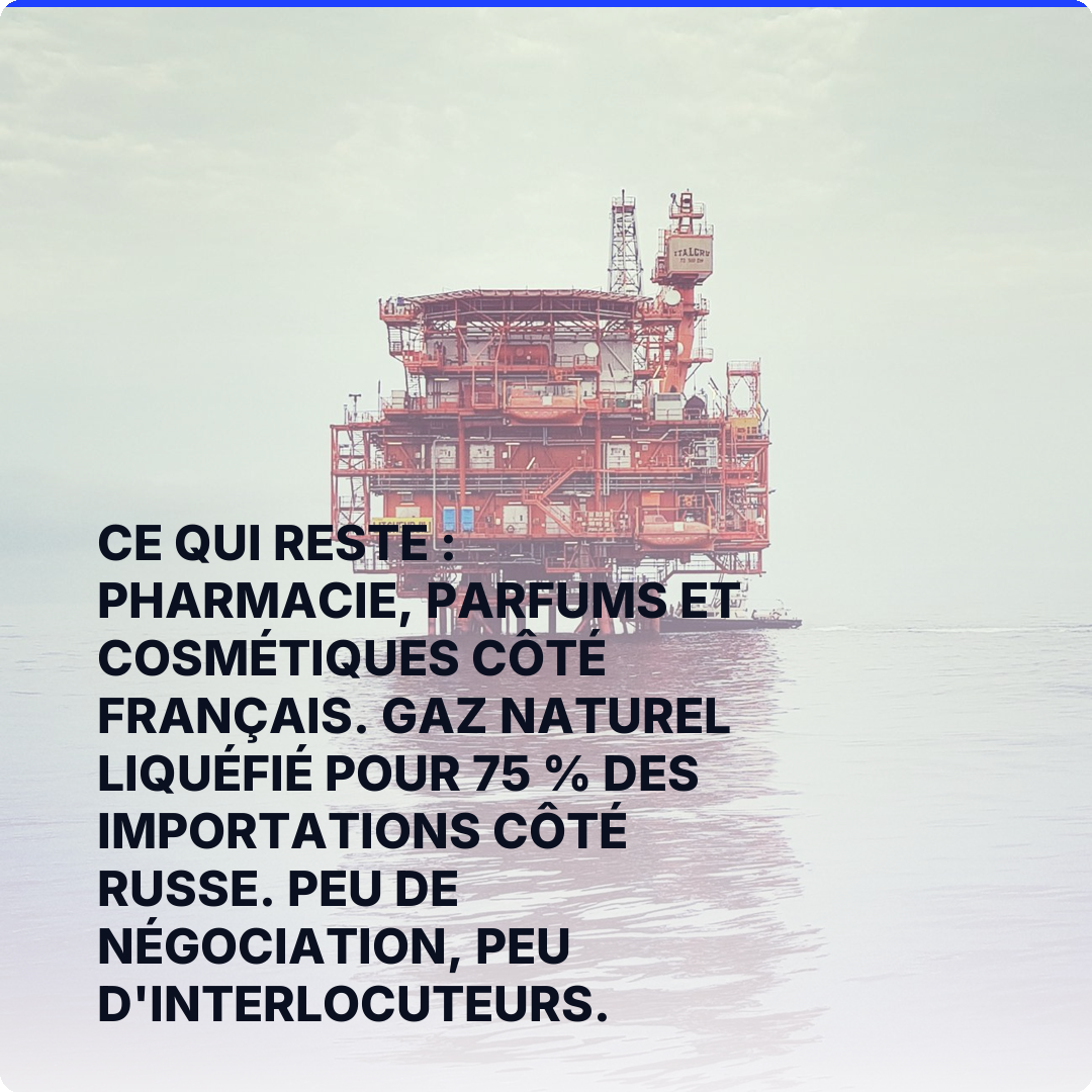 Ce qui reste : pharmacie, parfums et cosmétiques côté français. Gaz naturel liquéfié pour 75 % des importations côté russe. Peu de négociation, peu d'interlocuteurs.