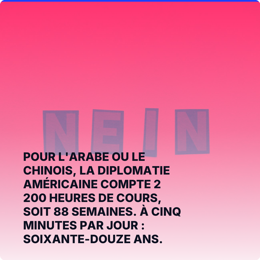 Pour l'arabe ou le chinois, la diplomatie américaine compte 2 200 heures de cours, soit 88 semaines. À cinq minutes par jour : soixante-douze ans.
