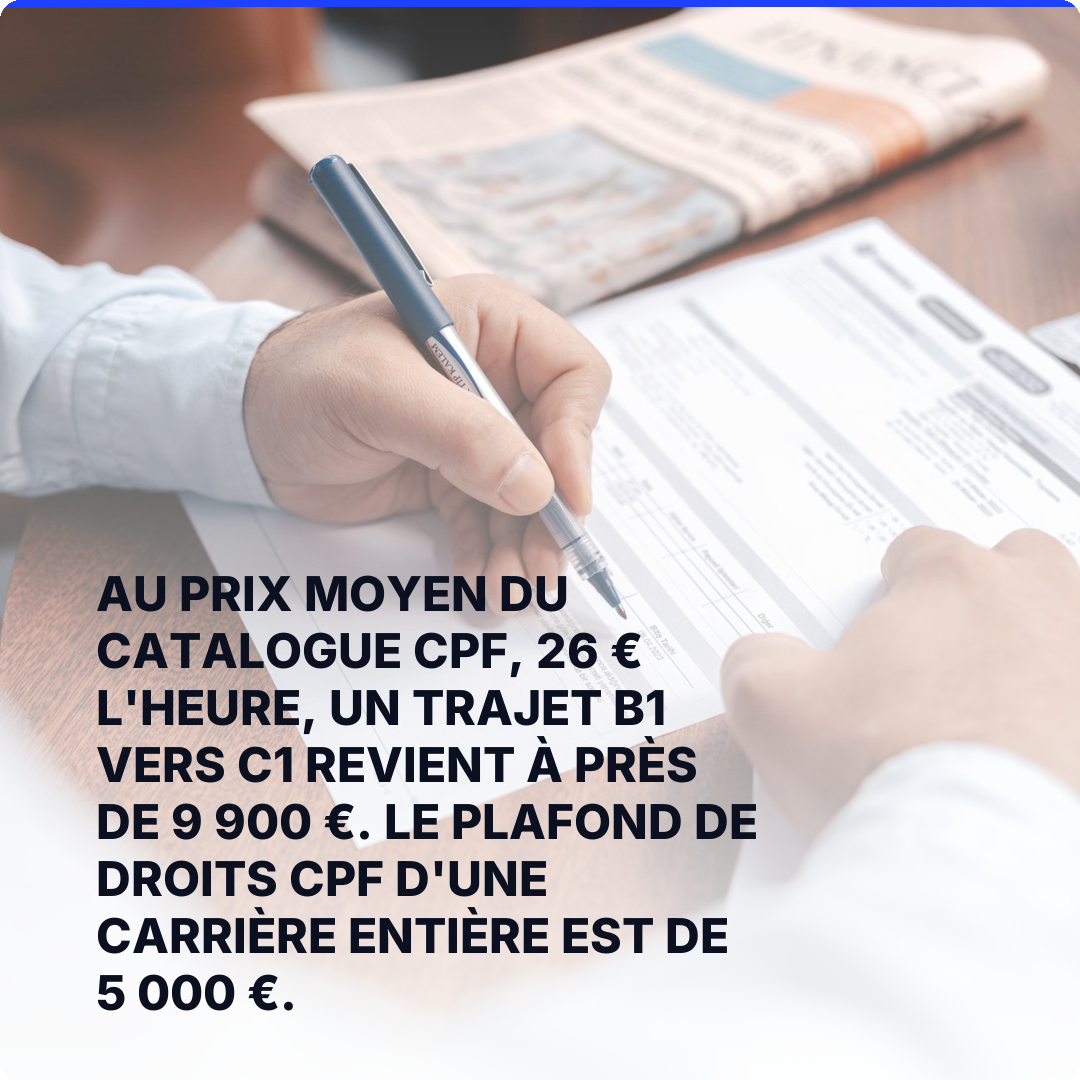 Au prix moyen du catalogue CPF, 26 € l'heure, un trajet B1 vers C1 revient à près de 9 900 €. Le plafond de droits CPF d'une carrière entière est de 5 000 €.