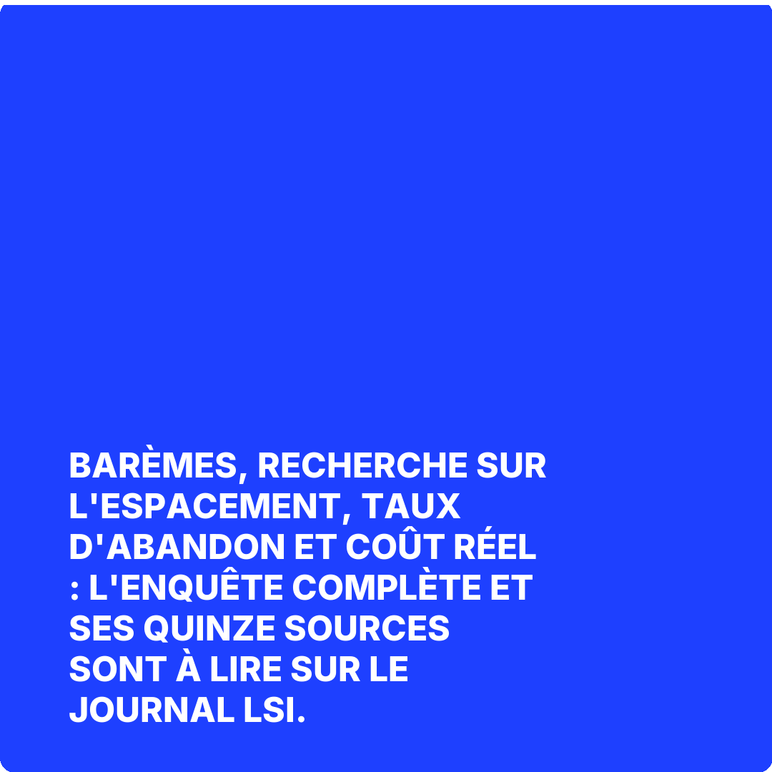 Barèmes, recherche sur l'espacement, taux d'abandon et coût réel : l'enquête complète et ses quinze sources sont à lire sur Le Journal LSI.