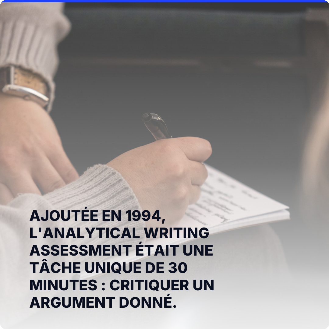 Ajoutée en 1994, l'Analytical Writing Assessment était une tâche unique de 30 minutes : critiquer un argument donné.