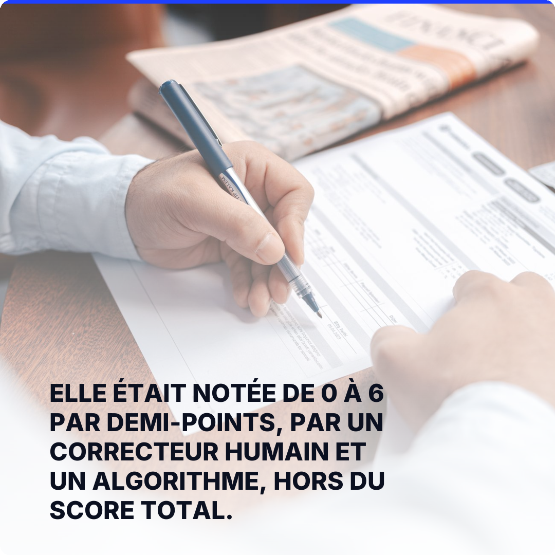 Elle était notée de 0 à 6 par demi-points, par un correcteur humain et un algorithme, hors du score total.