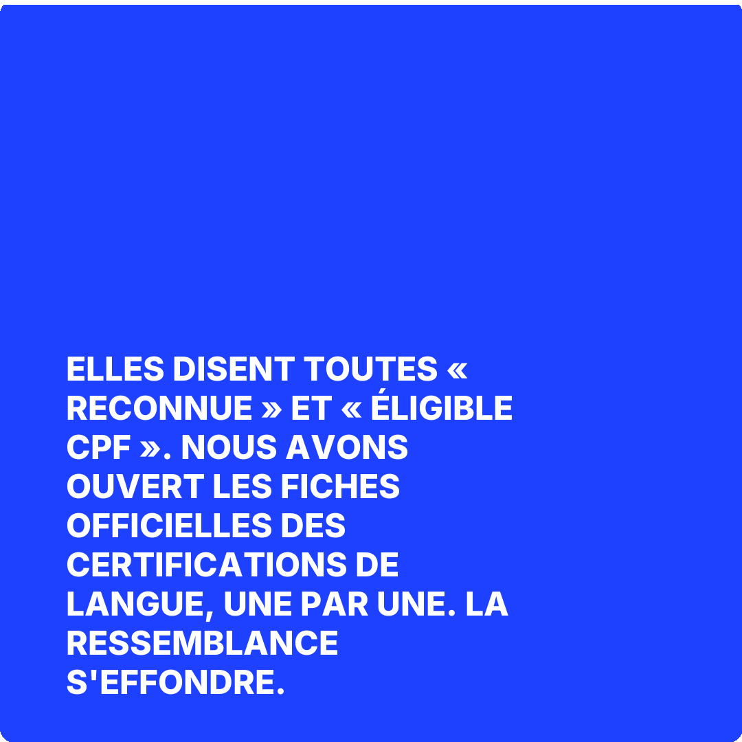 Elles disent toutes « reconnue » et « éligible CPF ». Nous avons ouvert les fiches officielles des certifications de langue, une par une. La ressemblance s'effondre.