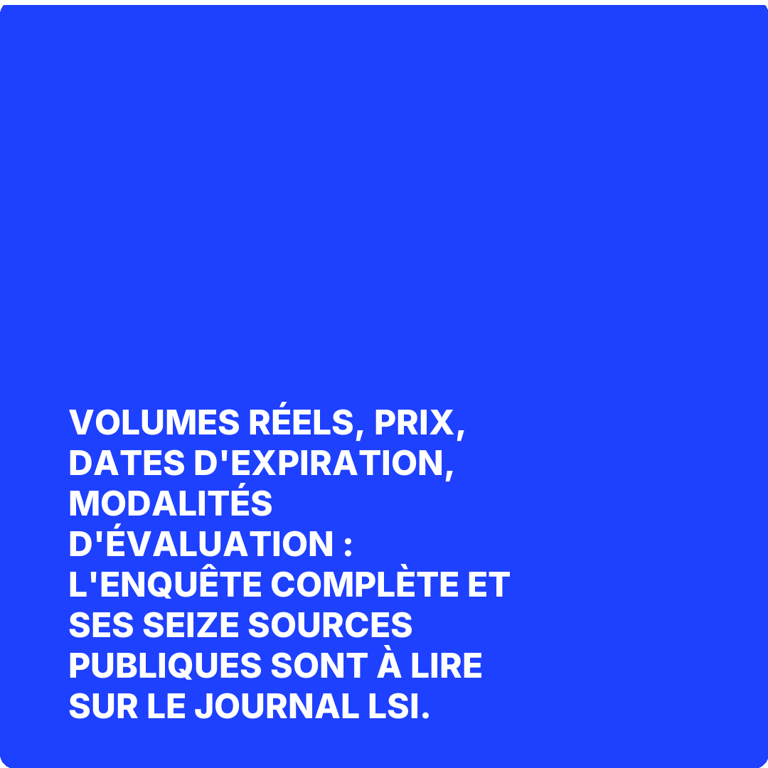 Volumes réels, prix, dates d'expiration, modalités d'évaluation : l'enquête complète et ses seize sources publiques sont à lire sur Le Journal LSI.
