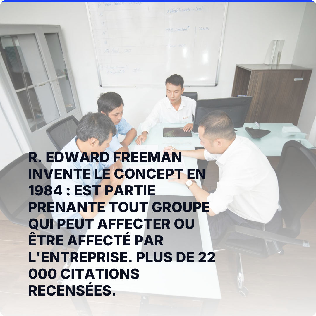 R. Edward Freeman invente le concept en 1984 : est partie prenante tout groupe qui peut affecter ou être affecté par l'entreprise. Plus de 22 000 citations recensées.