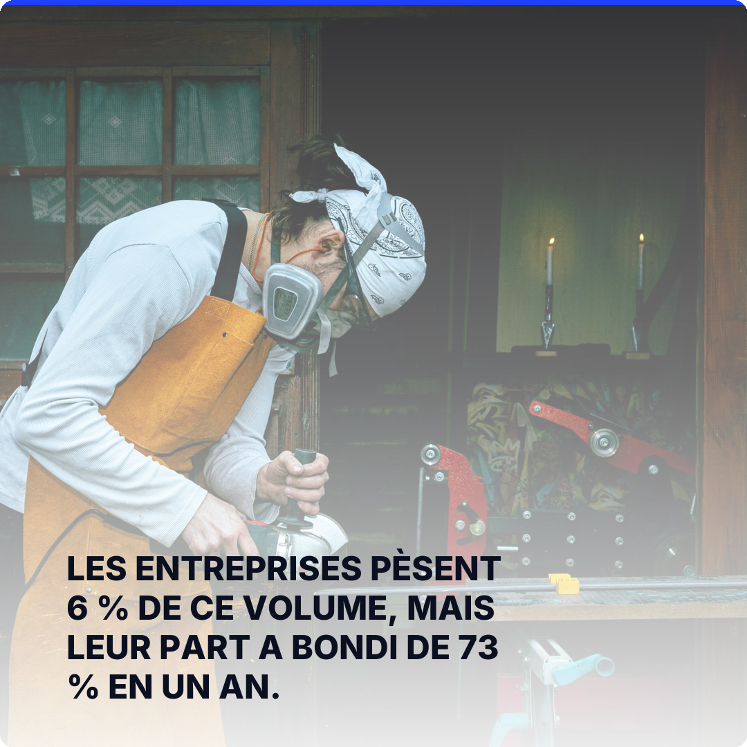 Les entreprises pèsent 6 % de ce volume, mais leur part a bondi de 73 % en un an.