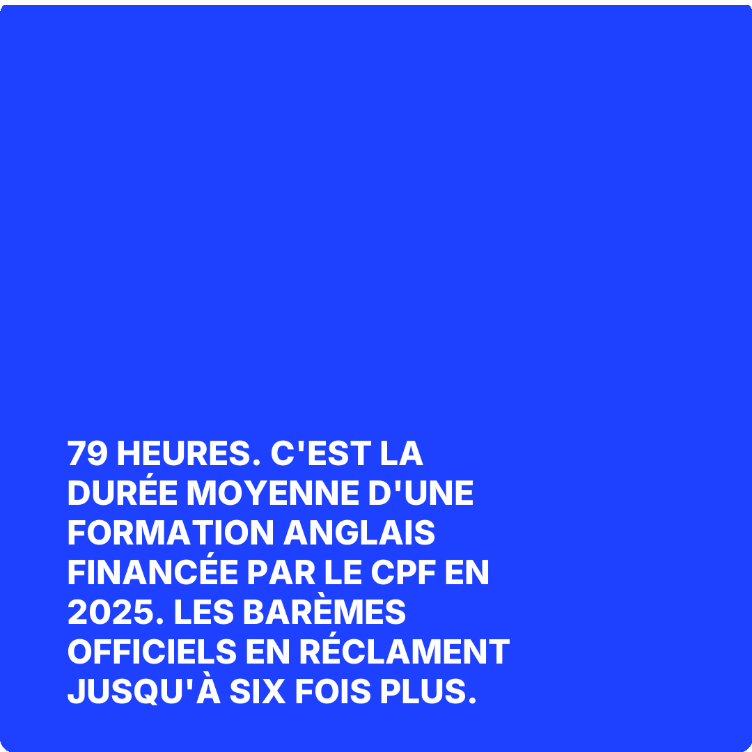 79 heures. C'est la durée moyenne d'une formation anglais financée par le CPF en 2025. Les barèmes officiels en réclament jusqu'à six fois plus.