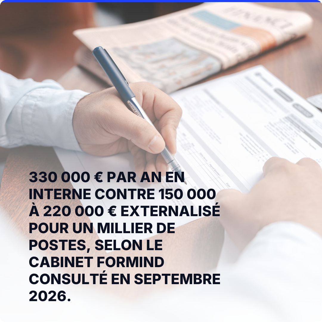 330 000 € par an en interne contre 150 000 à 220 000 € externalisé pour un millier de postes, selon le cabinet Formind consulté en septembre 2026.