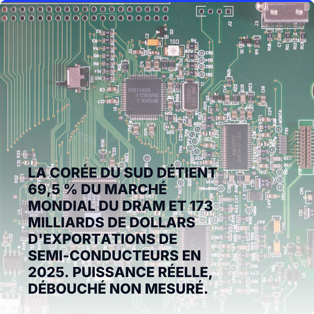 La Corée du Sud détient 69,5 % du marché mondial du DRAM et 173 milliards de dollars d'exportations de semi-conducteurs en 2025. Puissance réelle, débouché non mesuré.
