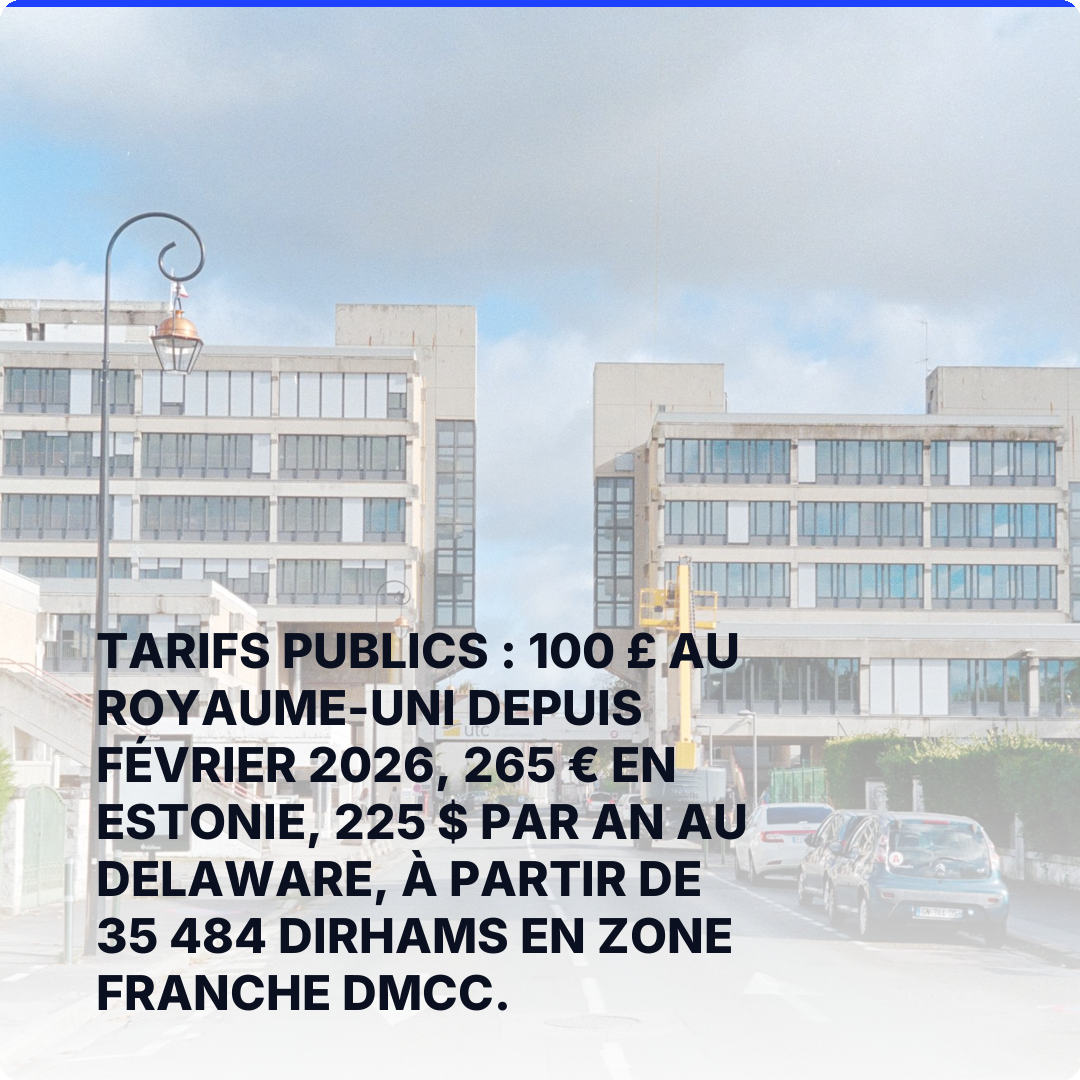 Tarifs publics : 100 £ au Royaume-Uni depuis février 2026, 265 € en Estonie, 225 $ par an au Delaware, à partir de 35 484 dirhams en zone franche DMCC.