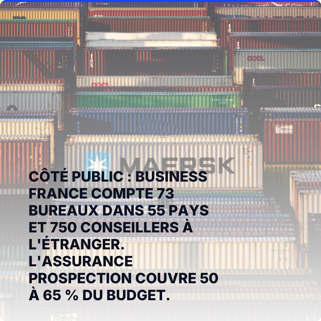 Côté public : Business France compte 73 bureaux dans 55 pays et 750 conseillers à l'étranger. L'assurance prospection couvre 50 à 65 % du budget.