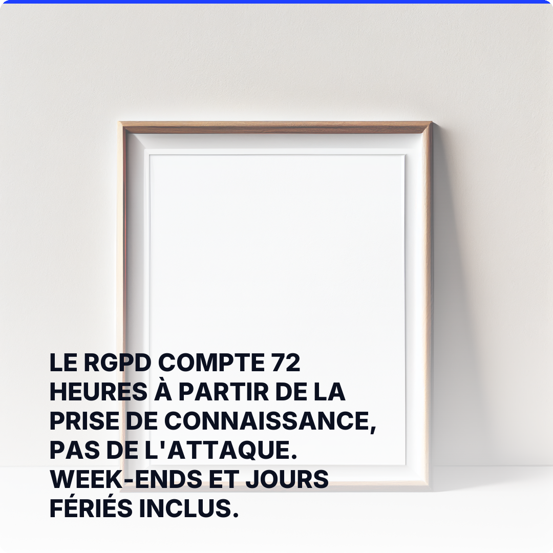 Le RGPD compte 72 heures à partir de la prise de connaissance, pas de l'attaque. Week-ends et jours fériés inclus.