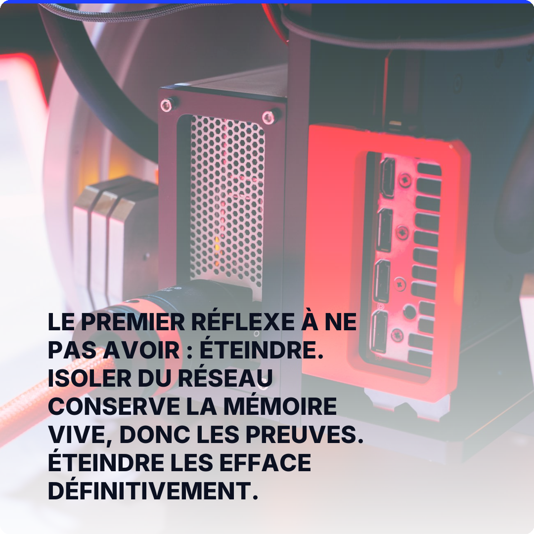 Le premier réflexe à ne pas avoir : éteindre. Isoler du réseau conserve la mémoire vive, donc les preuves. Éteindre les efface définitivement.