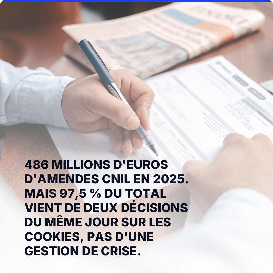 486 millions d'euros d'amendes CNIL en 2025. Mais 97,5 % du total vient de deux décisions du même jour sur les cookies, pas d'une gestion de crise.