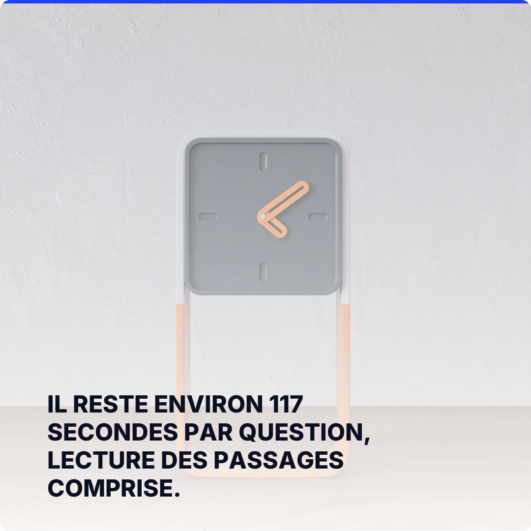 Il reste environ 117 secondes par question, lecture des passages comprise.