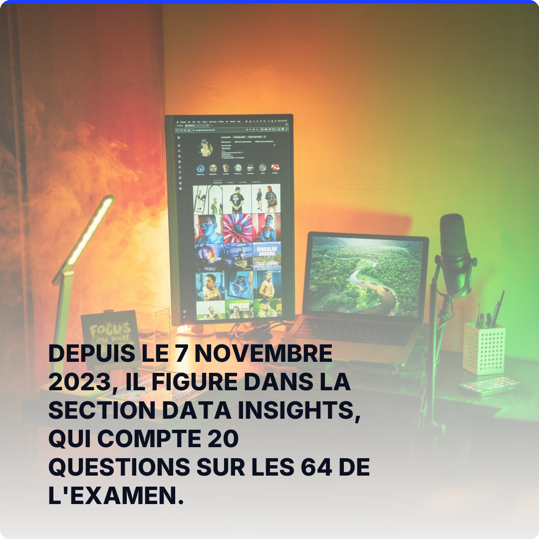 Depuis le 7 novembre 2023, il figure dans la section Data Insights, qui compte 20 questions sur les 64 de l'examen.