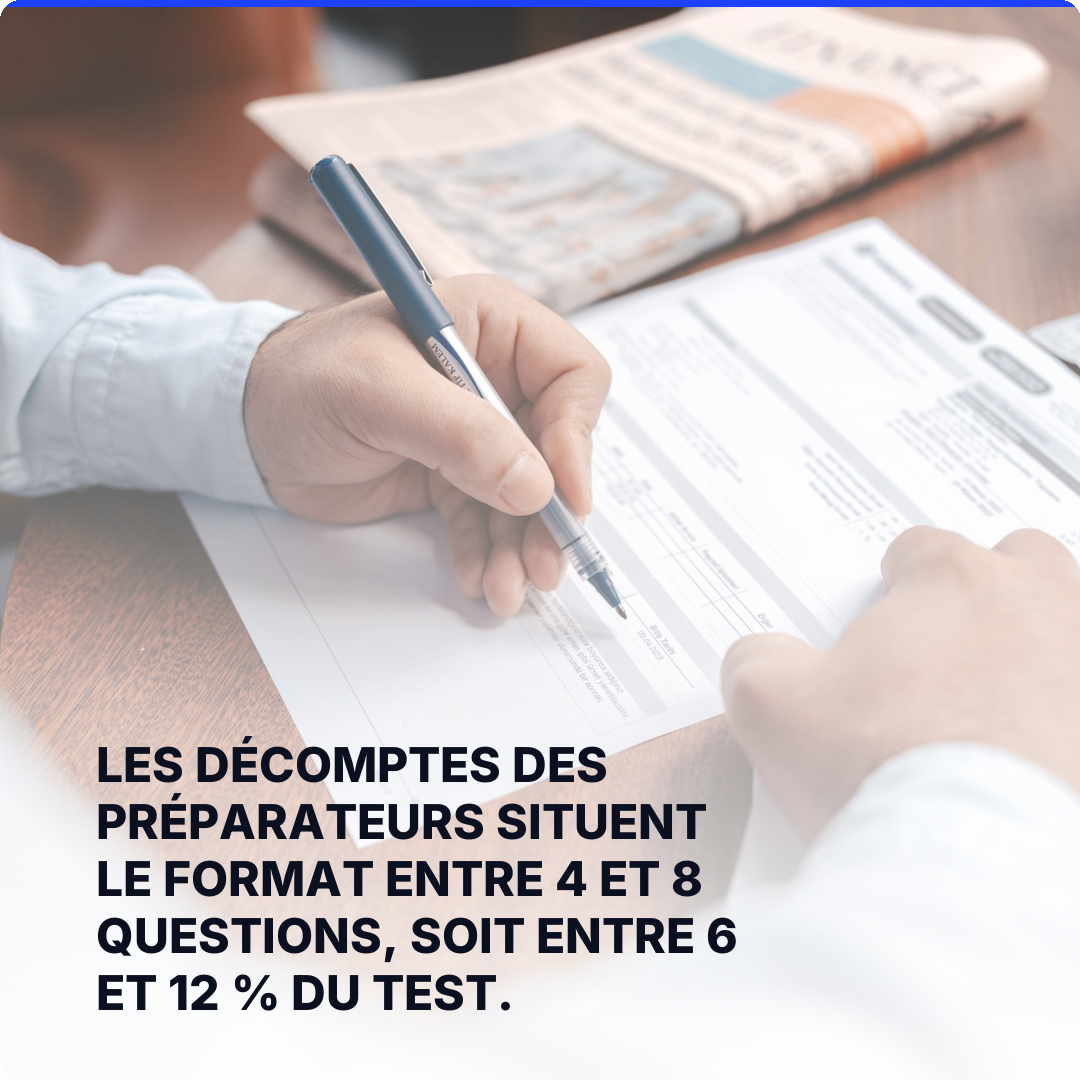 Les décomptes des préparateurs situent le format entre 4 et 8 questions, soit entre 6 et 12 % du test.