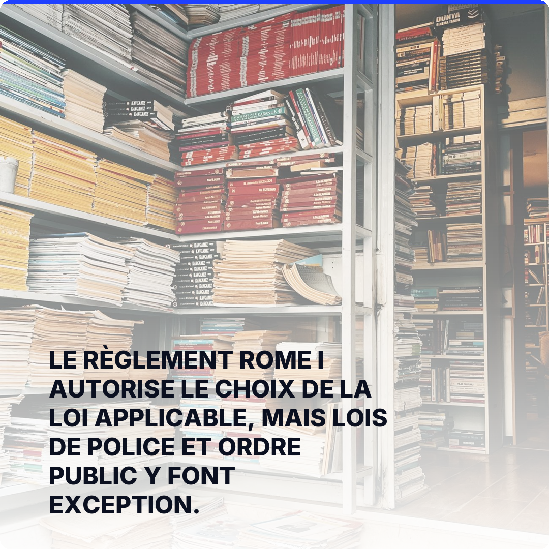Le règlement Rome I autorise le choix de la loi applicable, mais lois de police et ordre public y font exception.