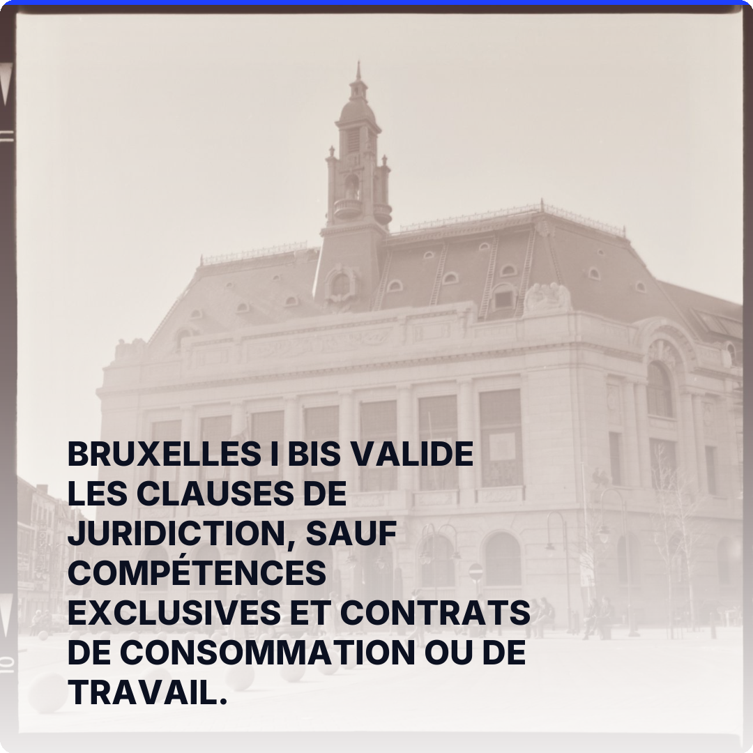Bruxelles I bis valide les clauses de juridiction, sauf compétences exclusives et contrats de consommation ou de travail.
