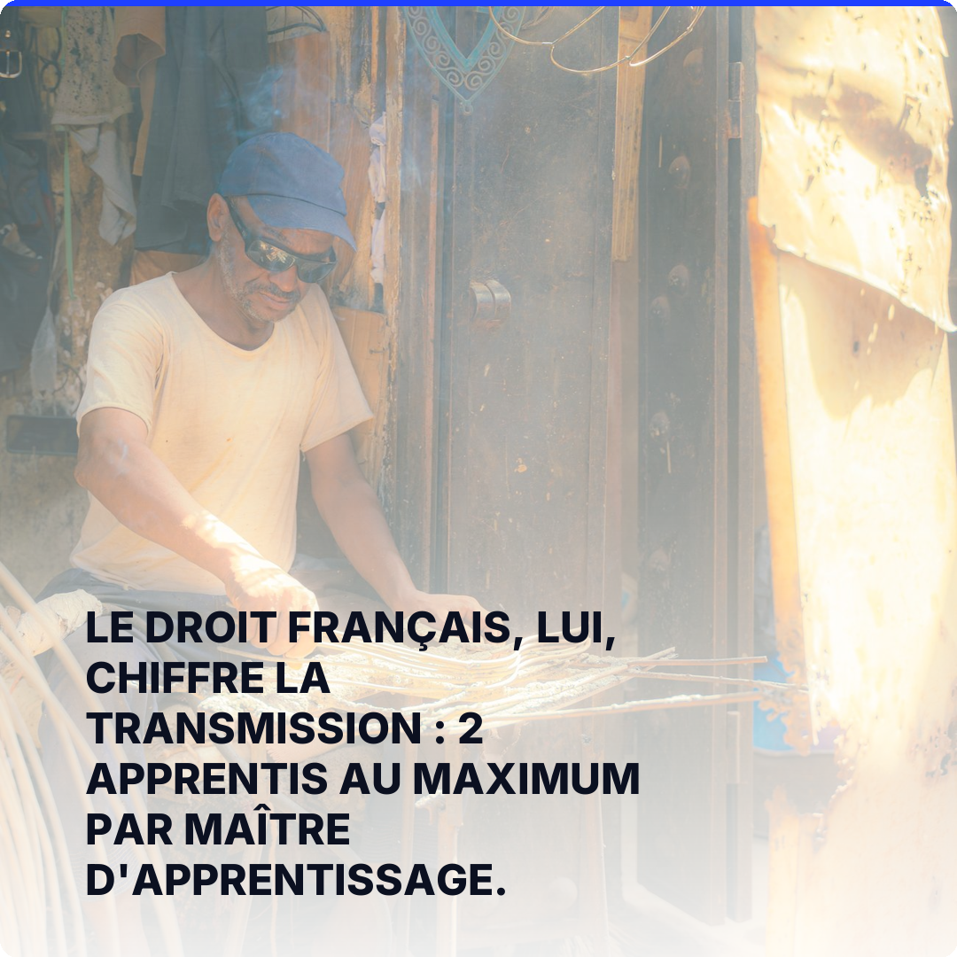 Le droit français, lui, chiffre la transmission : 2 apprentis au maximum par maître d'apprentissage.