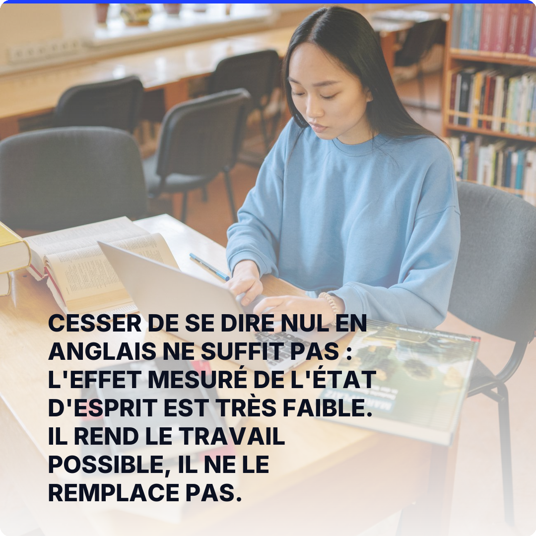 Cesser de se dire nul en anglais ne suffit pas : l'effet mesuré de l'état d'esprit est très faible. Il rend le travail possible, il ne le remplace pas.