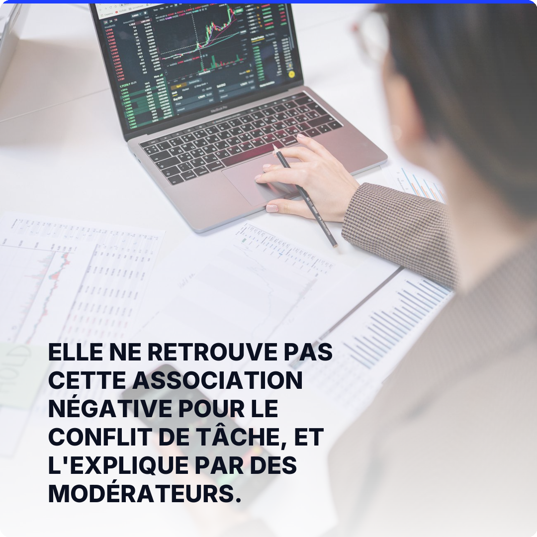 Elle ne retrouve pas cette association négative pour le conflit de tâche, et l'explique par des modérateurs.