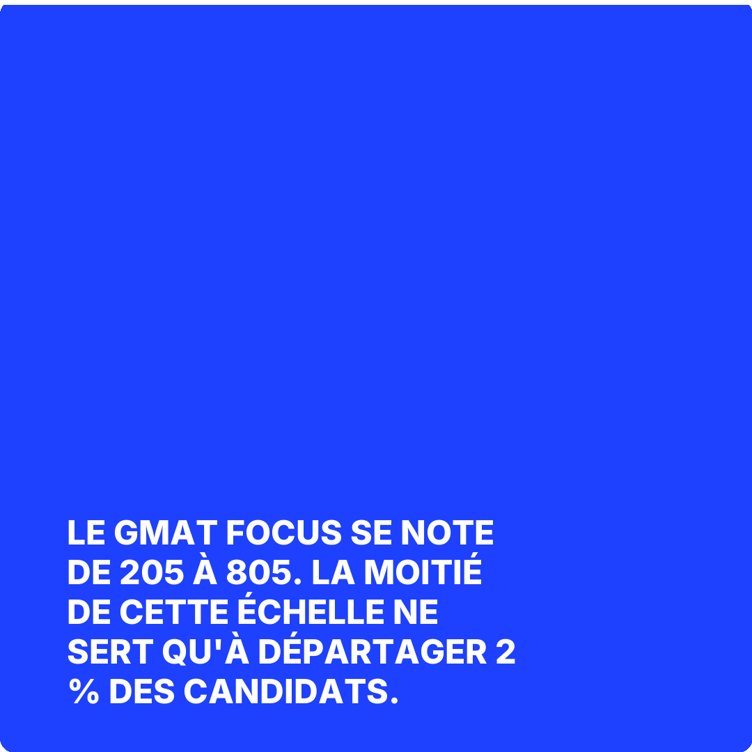 Le GMAT Focus se note de 205 à 805. La moitié de cette échelle ne sert qu'à départager 2 % des candidats.
