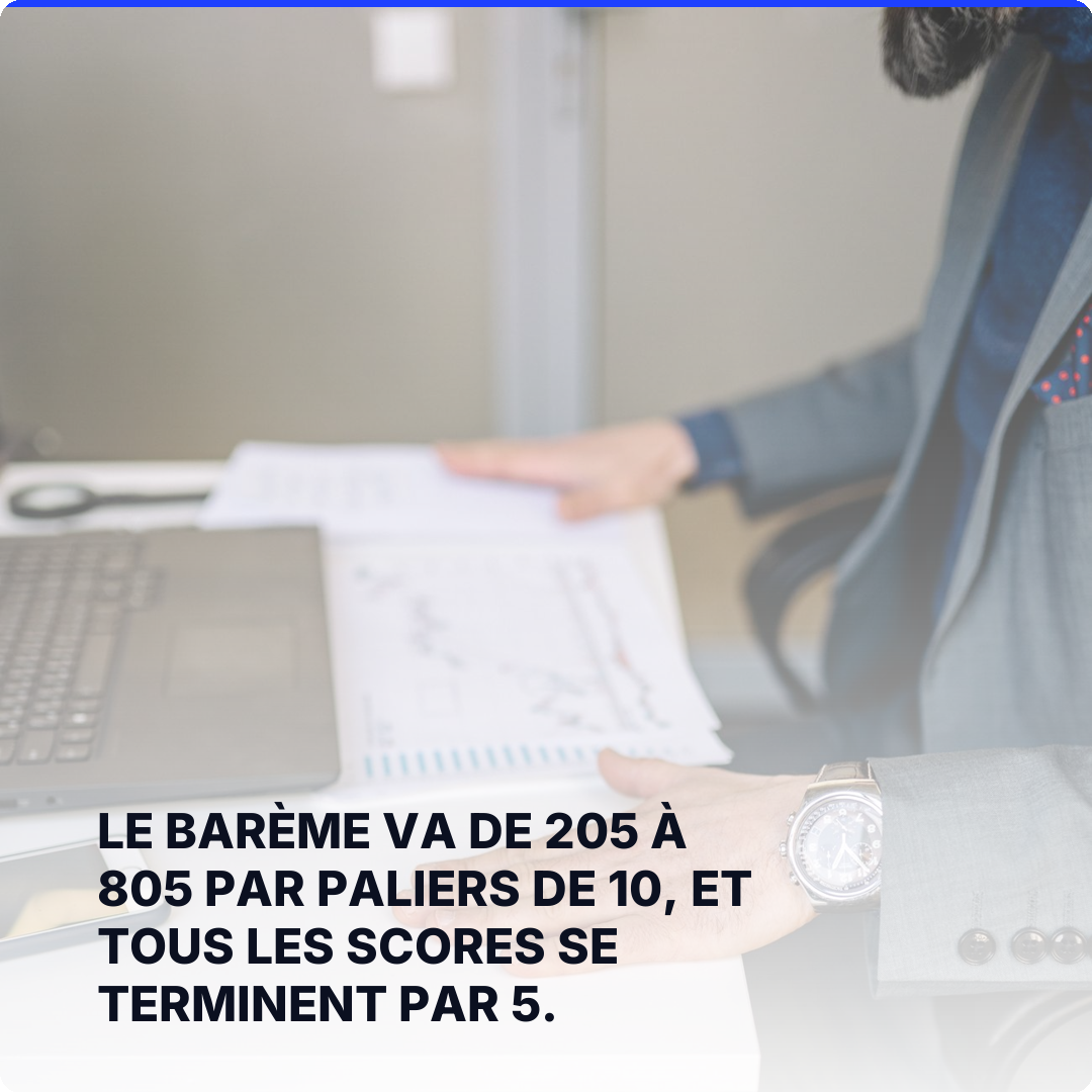 Le barème va de 205 à 805 par paliers de 10, et tous les scores se terminent par 5.