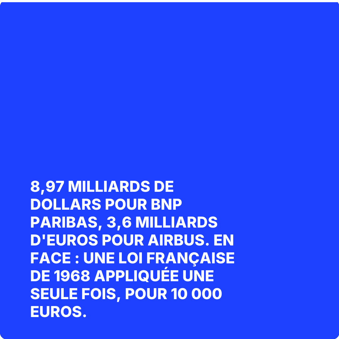 8,97 milliards de dollars pour BNP Paribas, 3,6 milliards d'euros pour Airbus. En face : une loi française de 1968 appliquée une seule fois, pour 10 000 euros.