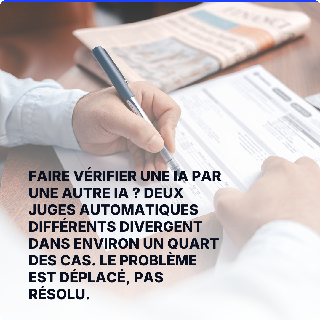 Faire vérifier une IA par une autre IA ? Deux juges automatiques différents divergent dans environ un quart des cas. Le problème est déplacé, pas résolu.