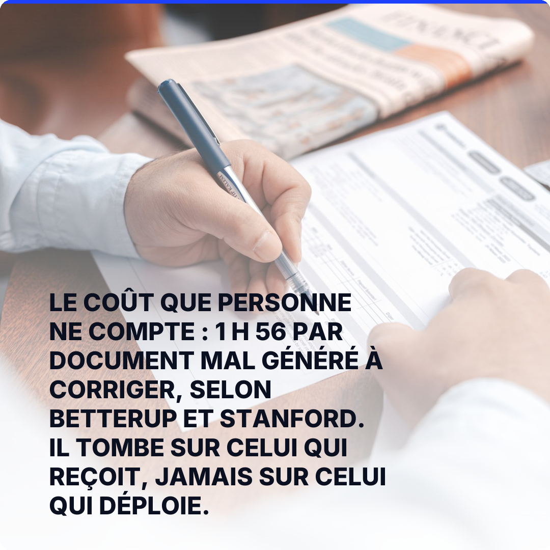 Le coût que personne ne compte : 1 h 56 par document mal généré à corriger, selon BetterUp et Stanford. Il tombe sur celui qui reçoit, jamais sur celui qui déploie.