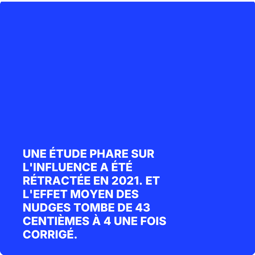 Une étude phare sur l'influence a été rétractée en 2021. Et l'effet moyen des nudges tombe de 43 centièmes à 4 une fois corrigé.