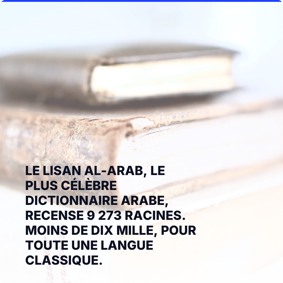 Le Lisan al-Arab, le plus célèbre dictionnaire arabe, recense 9 273 racines. Moins de dix mille, pour toute une langue classique.