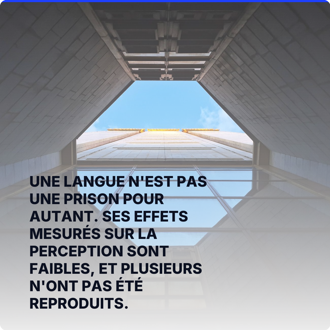 Une langue n'est pas une prison pour autant. Ses effets mesurés sur la perception sont faibles, et plusieurs n'ont pas été reproduits.