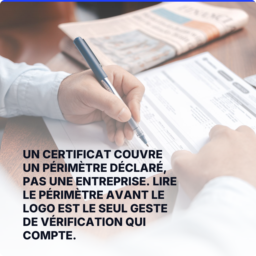 Un certificat couvre un périmètre déclaré, pas une entreprise. Lire le périmètre avant le logo est le seul geste de vérification qui compte.