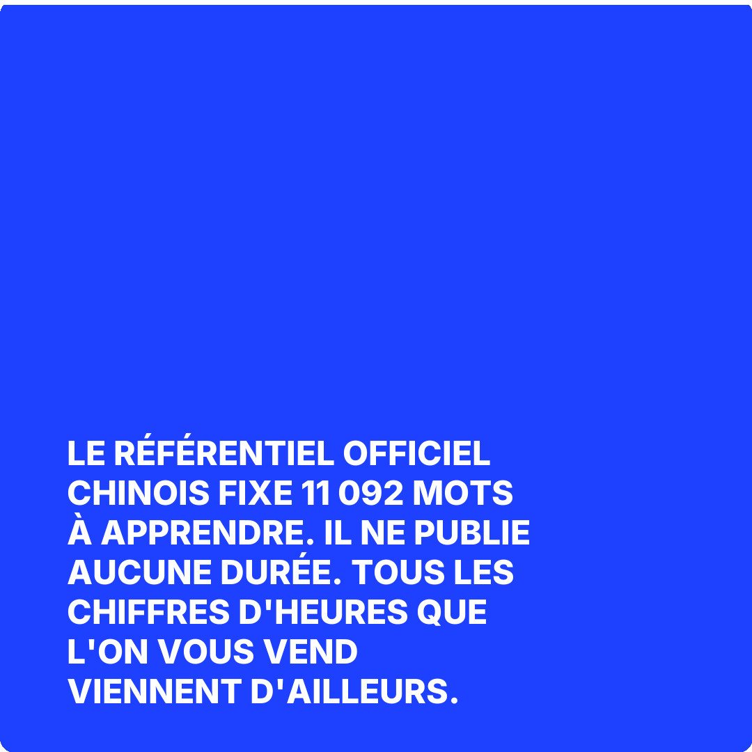 Le référentiel officiel chinois fixe 11 092 mots à apprendre. Il ne publie aucune durée. Tous les chiffres d'heures que l'on vous vend viennent d'ailleurs.