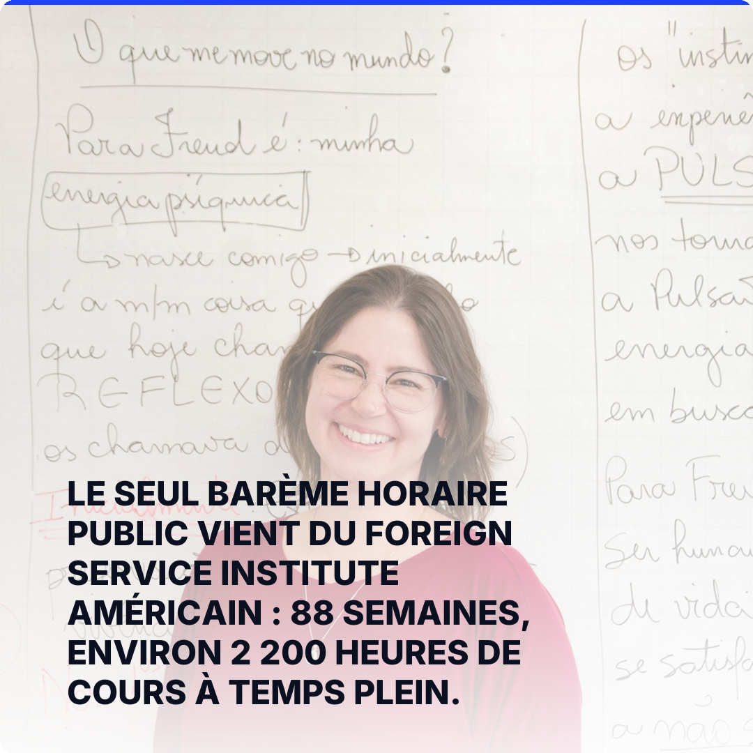Le seul barème horaire public vient du Foreign Service Institute américain : 88 semaines, environ 2 200 heures de cours à temps plein.