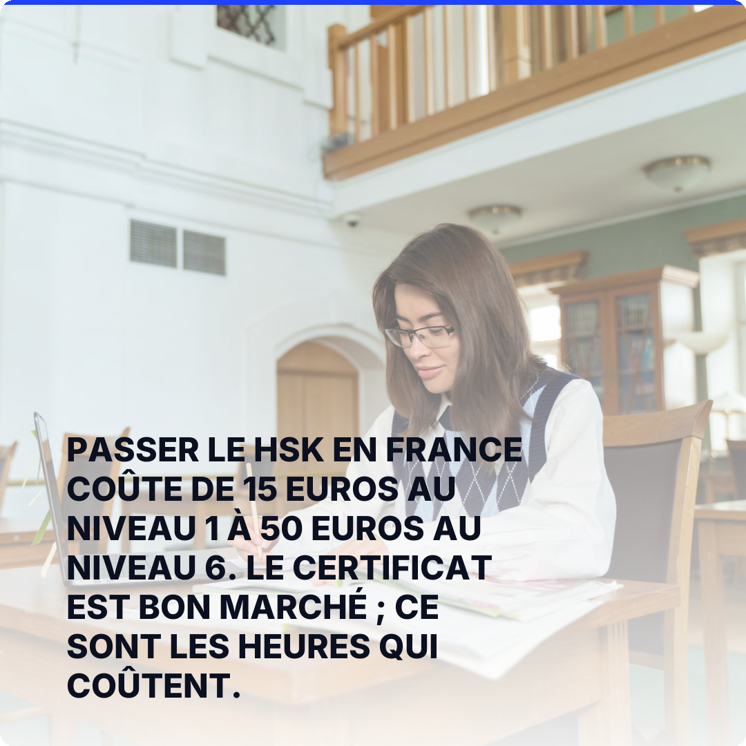 Passer le HSK en France coûte de 15 euros au niveau 1 à 50 euros au niveau 6. Le certificat est bon marché ; ce sont les heures qui coûtent.