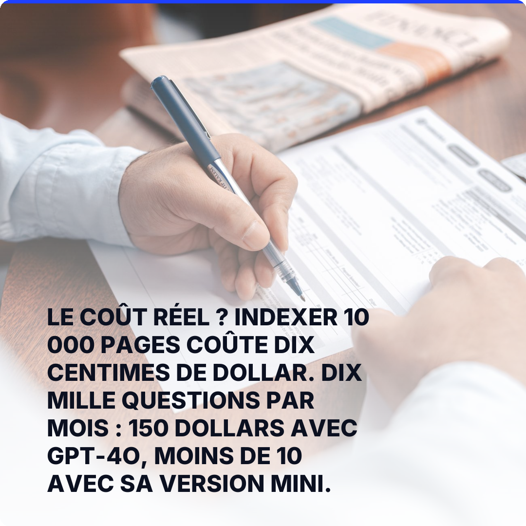 Le coût réel ? Indexer 10 000 pages coûte dix centimes de dollar. Dix mille questions par mois : 150 dollars avec GPT-4o, moins de 10 avec sa version mini.
