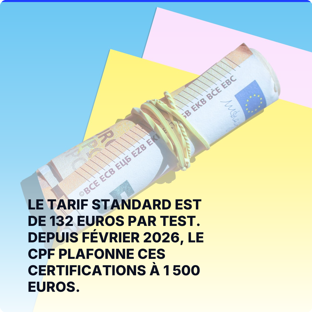 Le tarif standard est de 132 euros par test. Depuis février 2026, le CPF plafonne ces certifications à 1 500 euros.