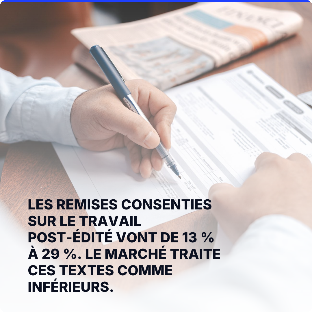 Les remises consenties sur le travail post-édité vont de 13 % à 29 %. Le marché traite ces textes comme inférieurs.