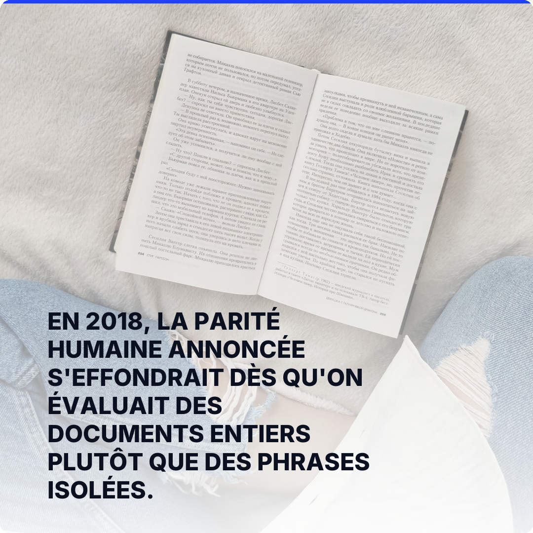 En 2018, la parité humaine annoncée s'effondrait dès qu'on évaluait des documents entiers plutôt que des phrases isolées.