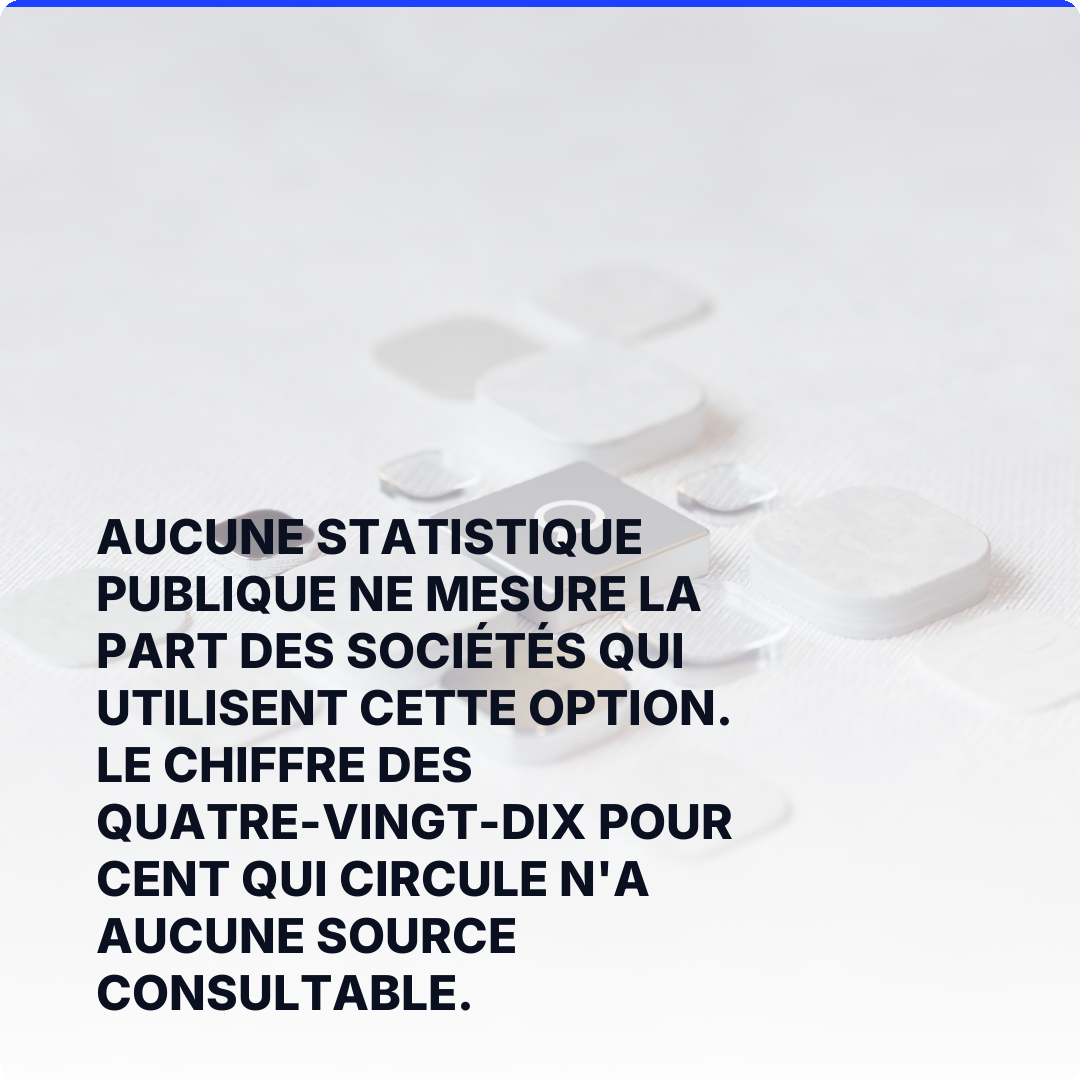 Aucune statistique publique ne mesure la part des sociétés qui utilisent cette option. Le chiffre des quatre-vingt-dix pour cent qui circule n'a aucune source consultable.