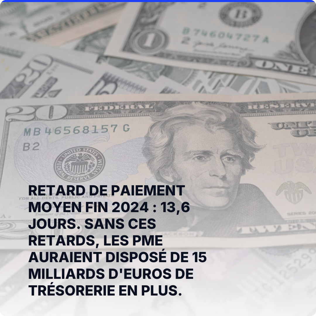Retard de paiement moyen fin 2024 : 13,6 jours. Sans ces retards, les PME auraient disposé de 15 milliards d'euros de trésorerie en plus.