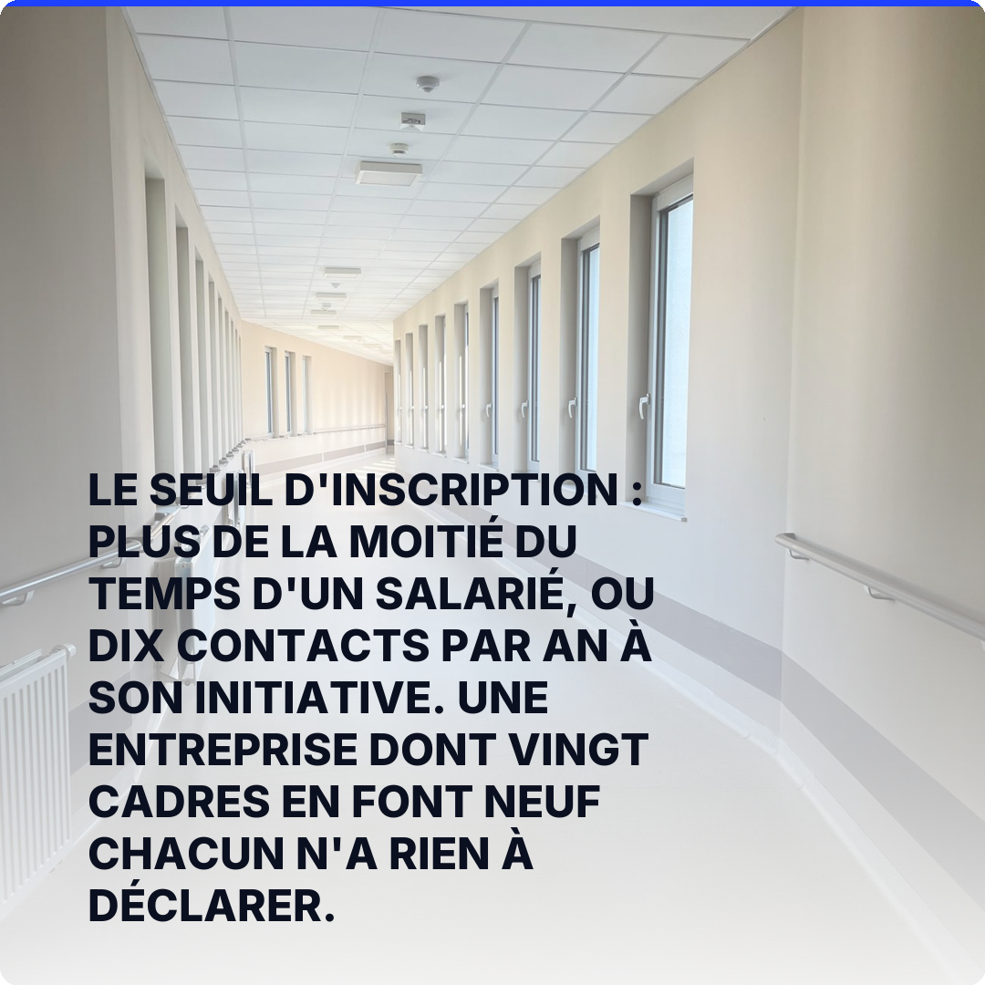 Le seuil d'inscription : plus de la moitié du temps d'un salarié, ou dix contacts par an à son initiative. Une entreprise dont vingt cadres en font neuf chacun n'a rien à déclarer.