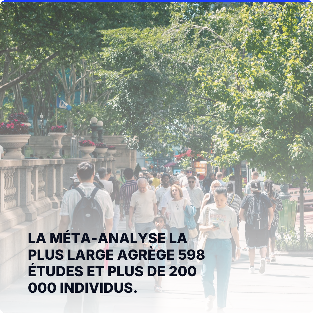 La méta-analyse la plus large agrège 598 études et plus de 200 000 individus.