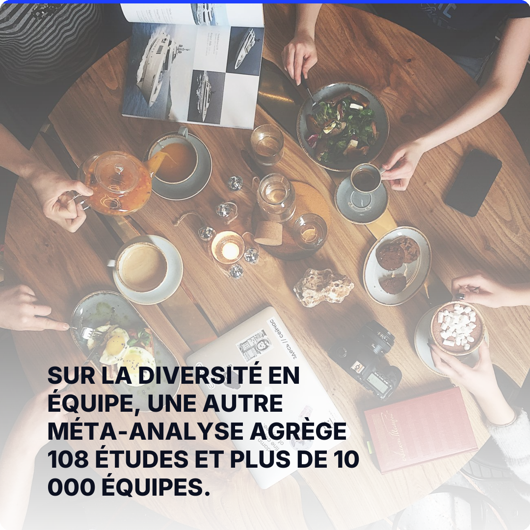 Sur la diversité en équipe, une autre méta-analyse agrège 108 études et plus de 10 000 équipes.