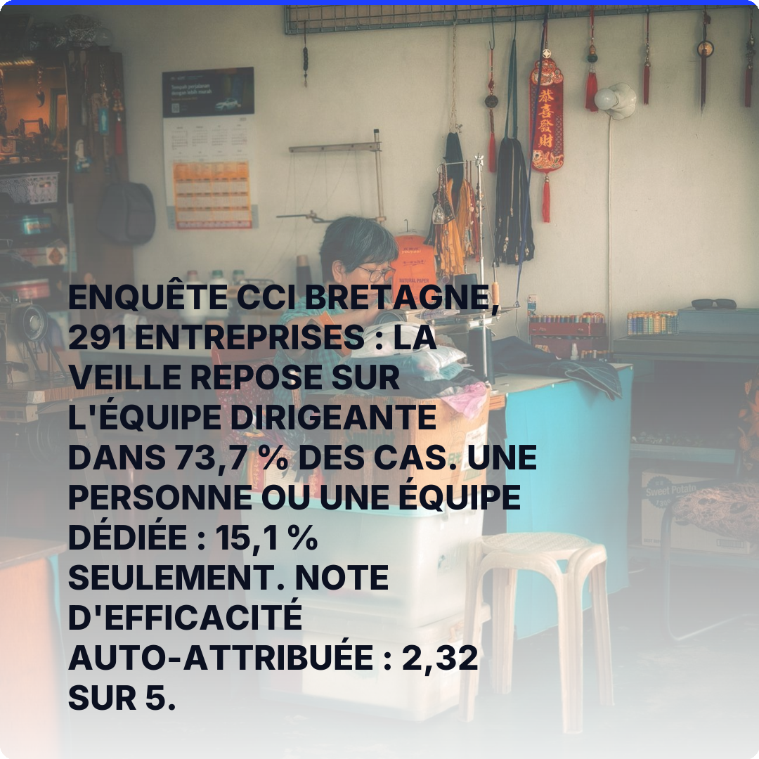 Enquête CCI Bretagne, 291 entreprises : la veille repose sur l'équipe dirigeante dans 73,7 % des cas. Une personne ou une équipe dédiée : 15,1 % seulement. Note d'efficacité auto-attribuée : 2,32 sur 5.